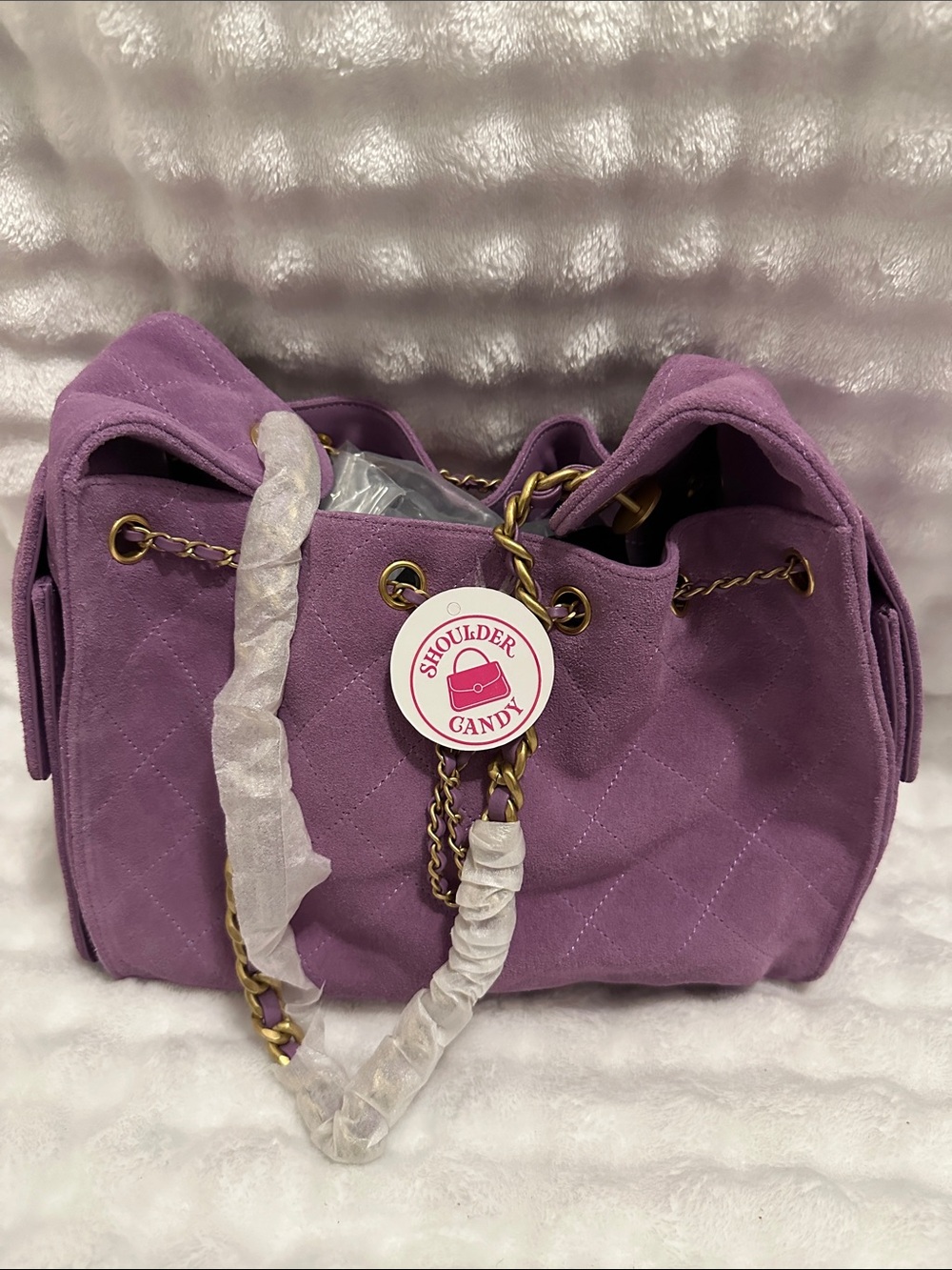 Quilted Purple Suede Drawstring Shoulder Bag